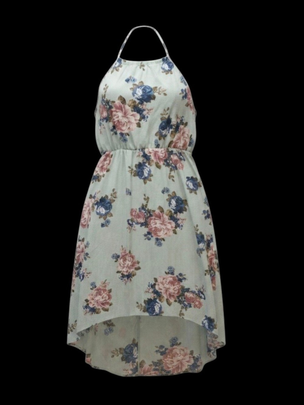 Floral Halter High-Low Dress with Pink & Blue Roses